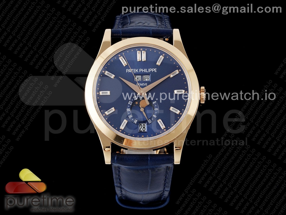 [ZF] Patek Philippe Annual Calendar Moonphase 5396 RG Blue Crystal Dial on Blue Leather Strap A324