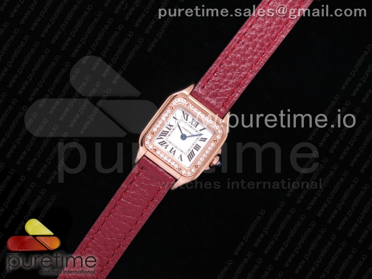 [K11F] Cartier Santos Ladies RG 22mm White Dial Diamonds Bezel on Red Leather Strap Ronda Quartz