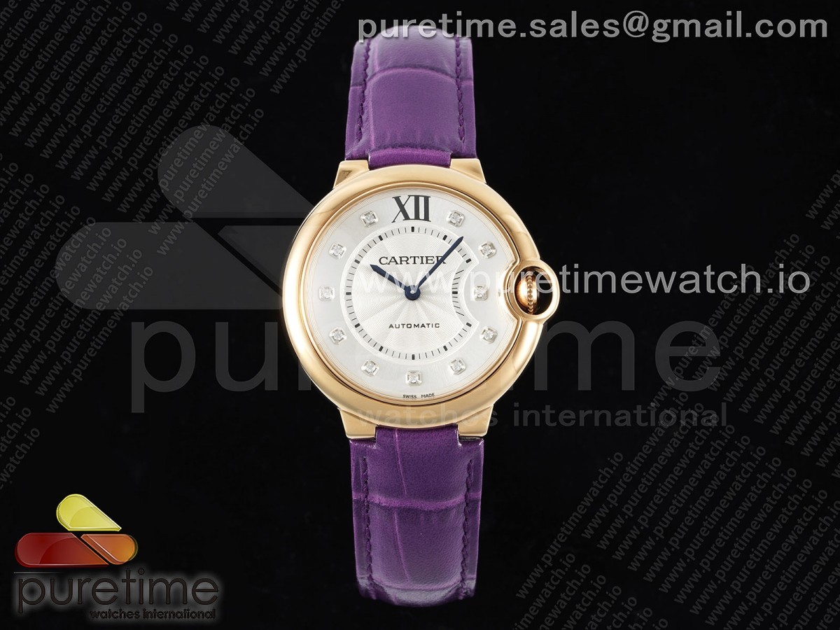 [3KF] Cartier Ballon Bleu 36mm RG White Dial Diamonds Markers on Purple Leather Strap A076