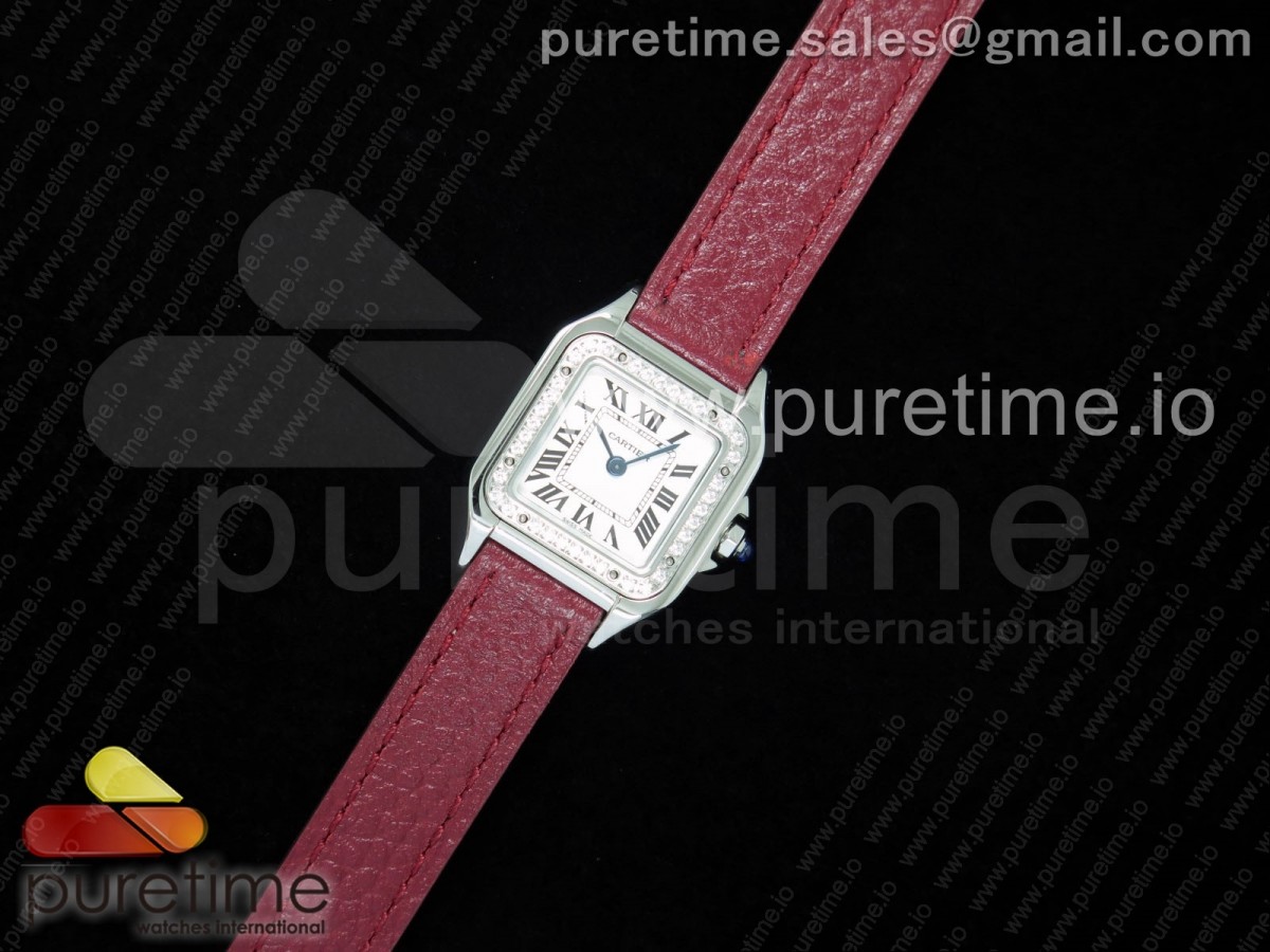 [K11F] Cartier Santos Ladies SS 22mm White Dial Diamonds Bezel on Red Leather Strap Ronda Quartz