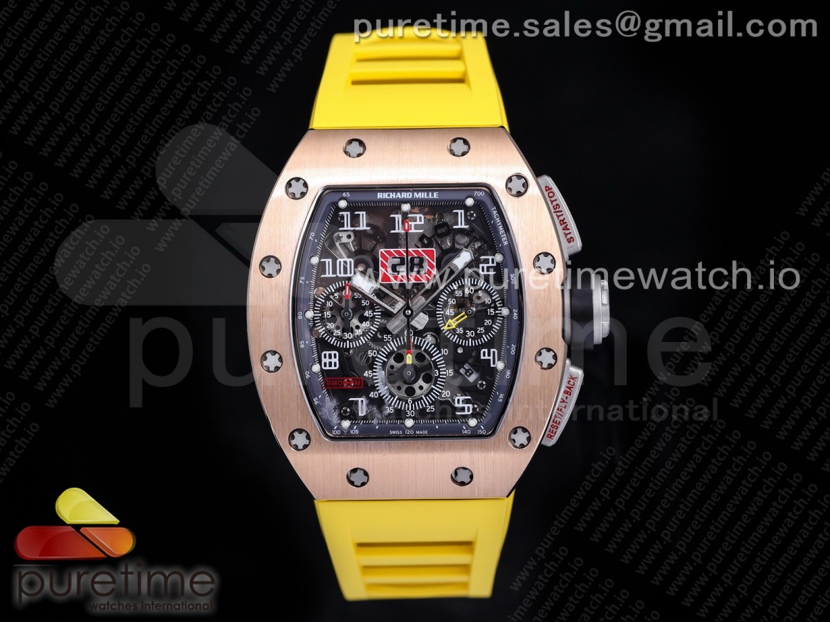 [KVF] Richard Mille RM011 RG Chrono Crystal Dial Black on Yellow Rubber Strap A7750 V3