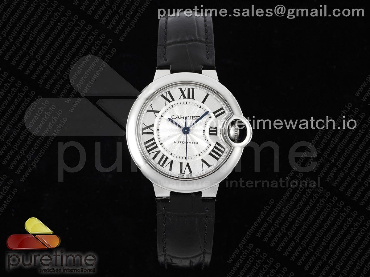 [3KF] Cartier Ballon Bleu 33mm SS White Dial on Black Leather Strap A076