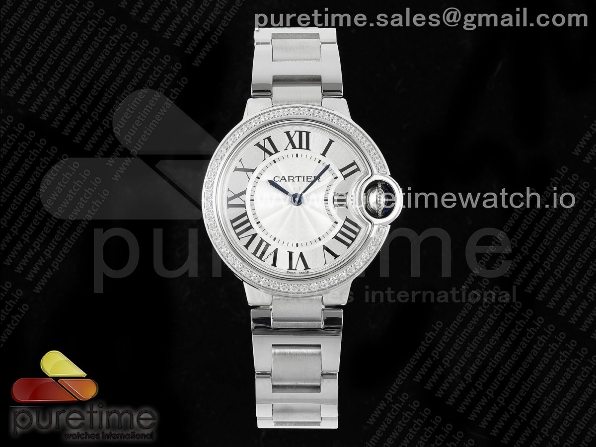 [AF] Cartier Ballon Bleu 33mm White Dial Diamonds Bezel on SS Bracelet Ronda Quartz