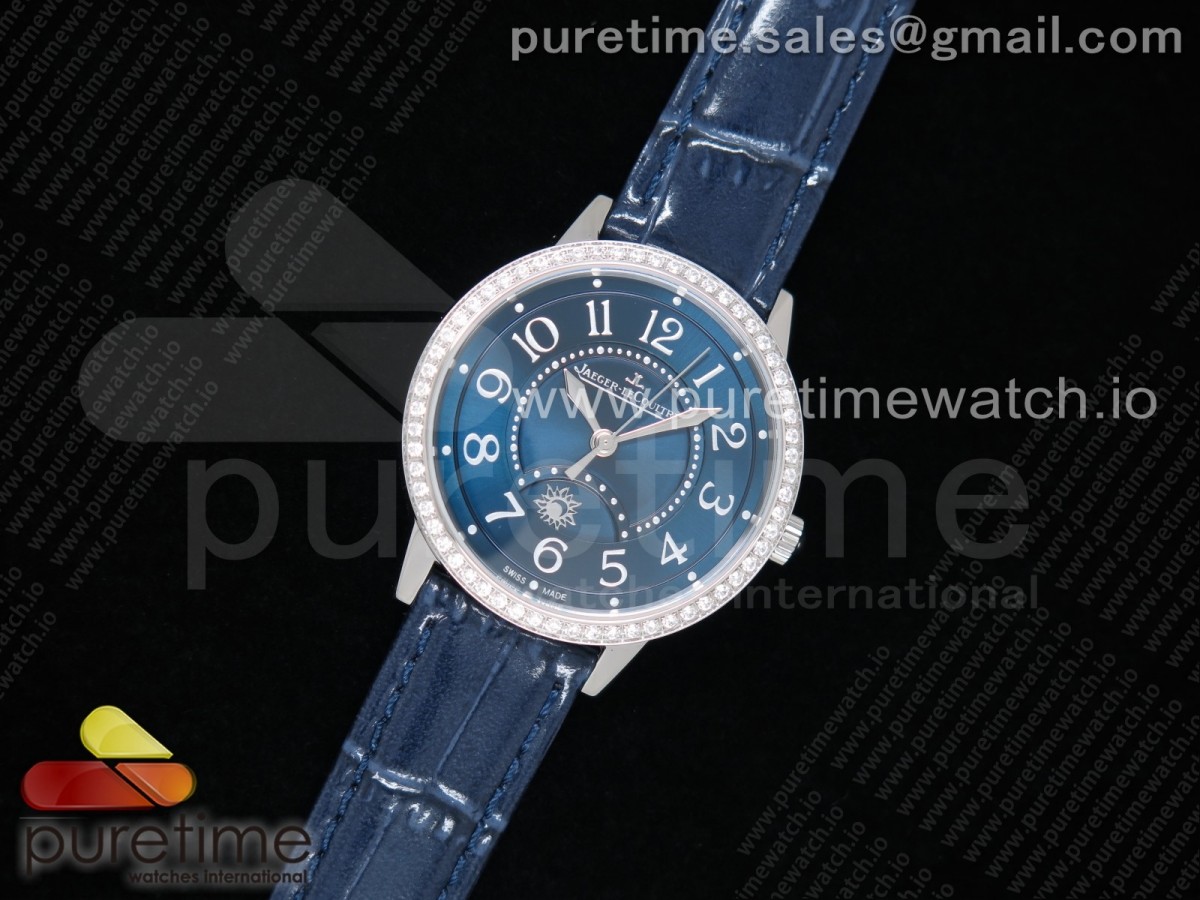 [ZF] Jaeger-LeCoultre Rendez-Vous Night & Day SS Blue Textured Dial Diamonds Bezel on Blue Leather Strap A898