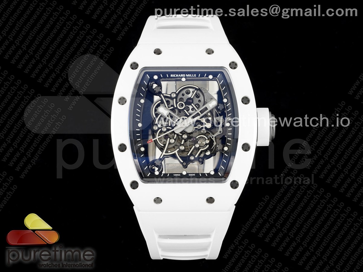 [ZF] Richard Mille RM055 Ti White Ceramic Skeleton Dial on White Rubber Strap NH05A V2