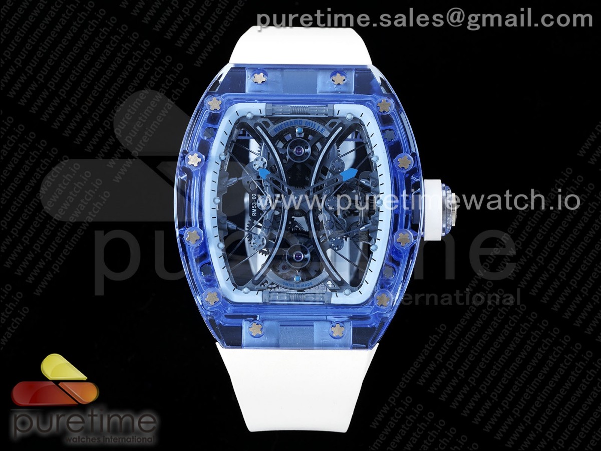 [RMF] Richard Mille RM53-02 Blue Transparent Tourbillon Skeleton Dial on Transparent Rubber Strap V2