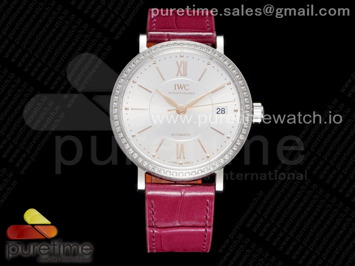 [V7F] IWC Portofino 37mm SS White Dial Diamonds Bezel on Pink Leather Strap A2892