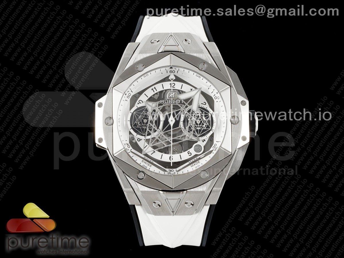 [BBF] Hublot Big Bang Sang Bleu II Chrono SS White Dial on White Gummy Strap A7750