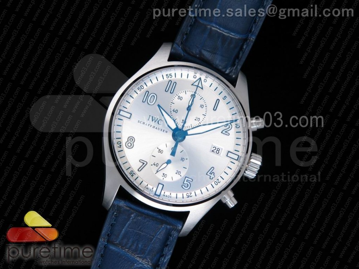 [ZF] IWC Pilot Chrono SS IW387812 Silver Dial on Blue Leather Strap A7750