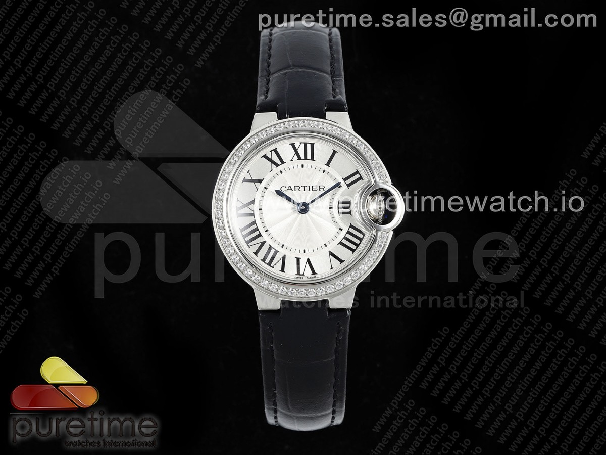 [AF] Cartier Ballon Bleu 33mm SS White Dial Diamonds Bezel on Black Leather Strap Ronda Quartz