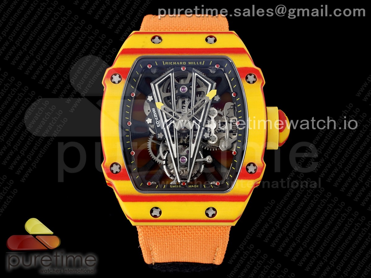 [RMF] Richard Mille RM027-03 Real Tourbillon Orange/Red Carbon Skeleton Dial on Orange Nylon Strap