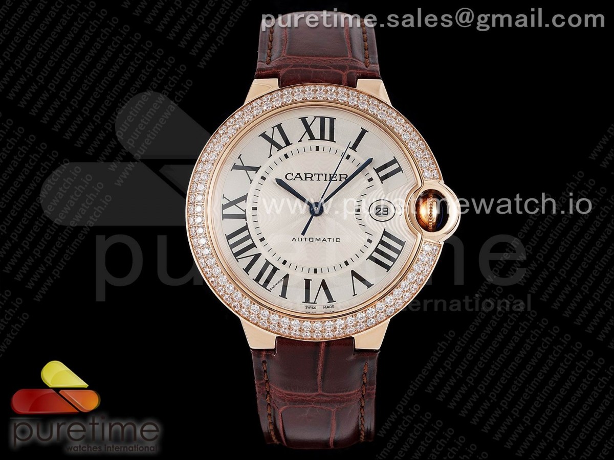 [AF] Cartier Ballon Bleu 42mm RG White Textured Dial Diamonds Bezel on Brown Leather Strap A2824