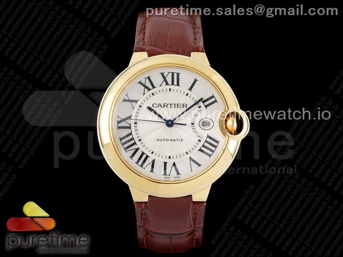 [AF] Cartier Ballon Bleu 42mm YG White Textured Dial on Brown Leather Strap A2824