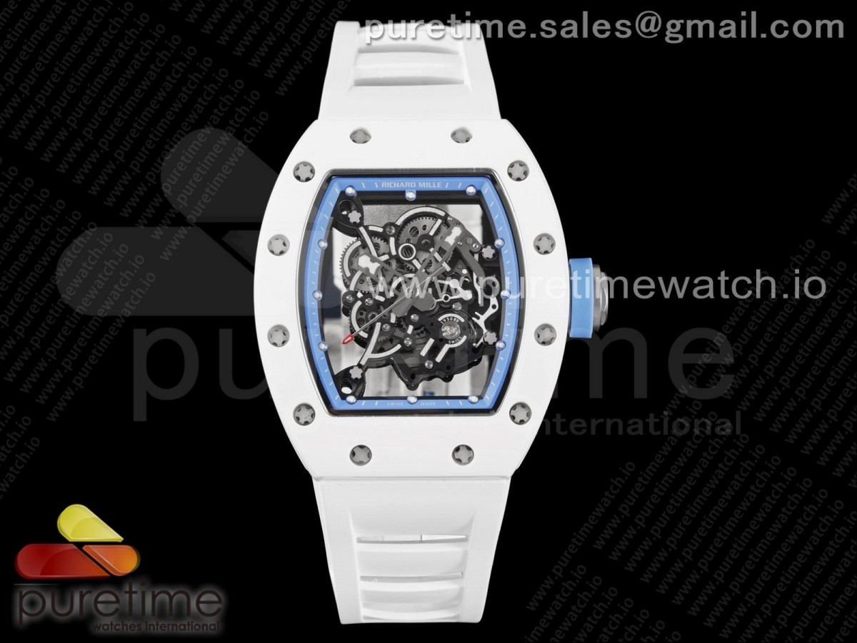 [KVF] Richard Mille RM055 White Ceramic Skeleton Dial Blue on White Rubber Strap MIYOTA8215 V3