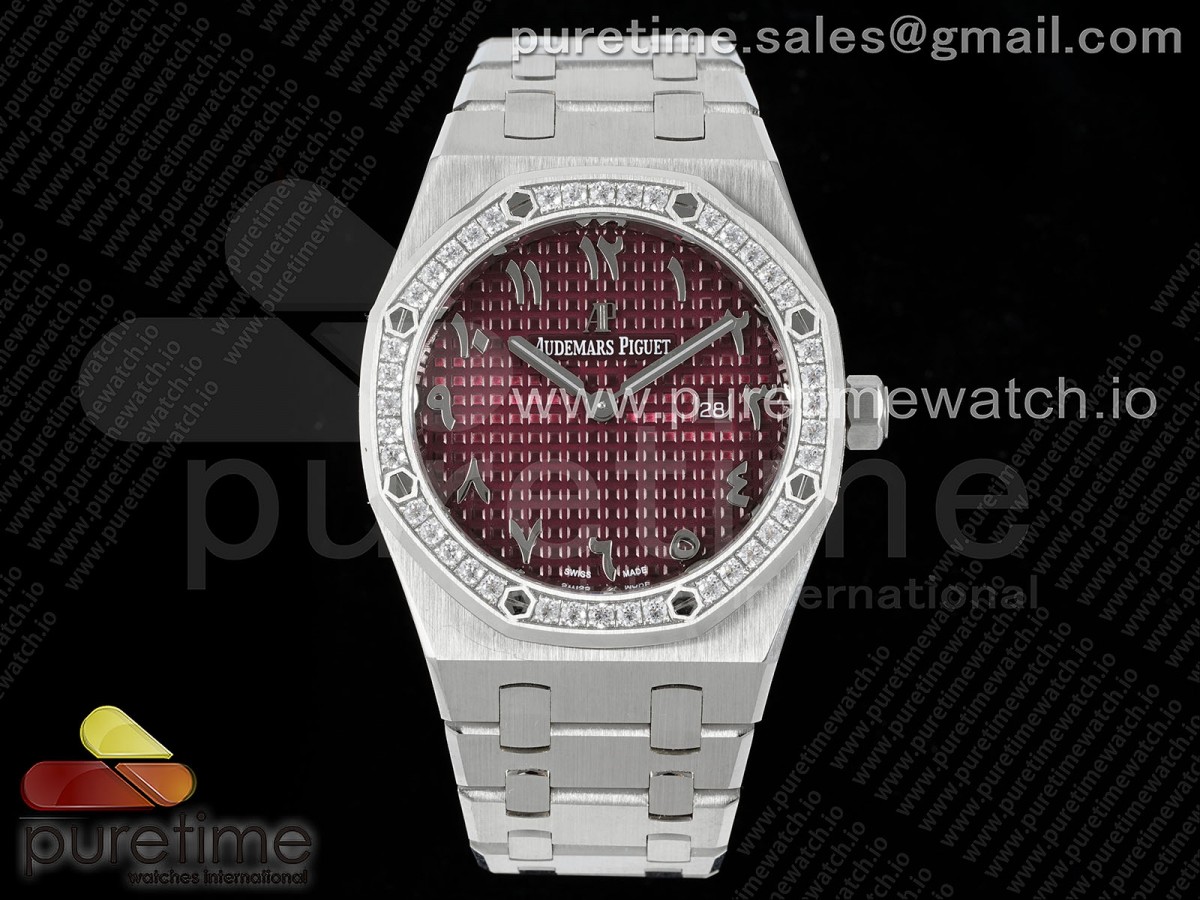 [ZF] Audemars Piguet Lady Royal Oak 33mm SS Red Arabic Dial Diamonds Bezel on SS Bracelet ETA Quartz