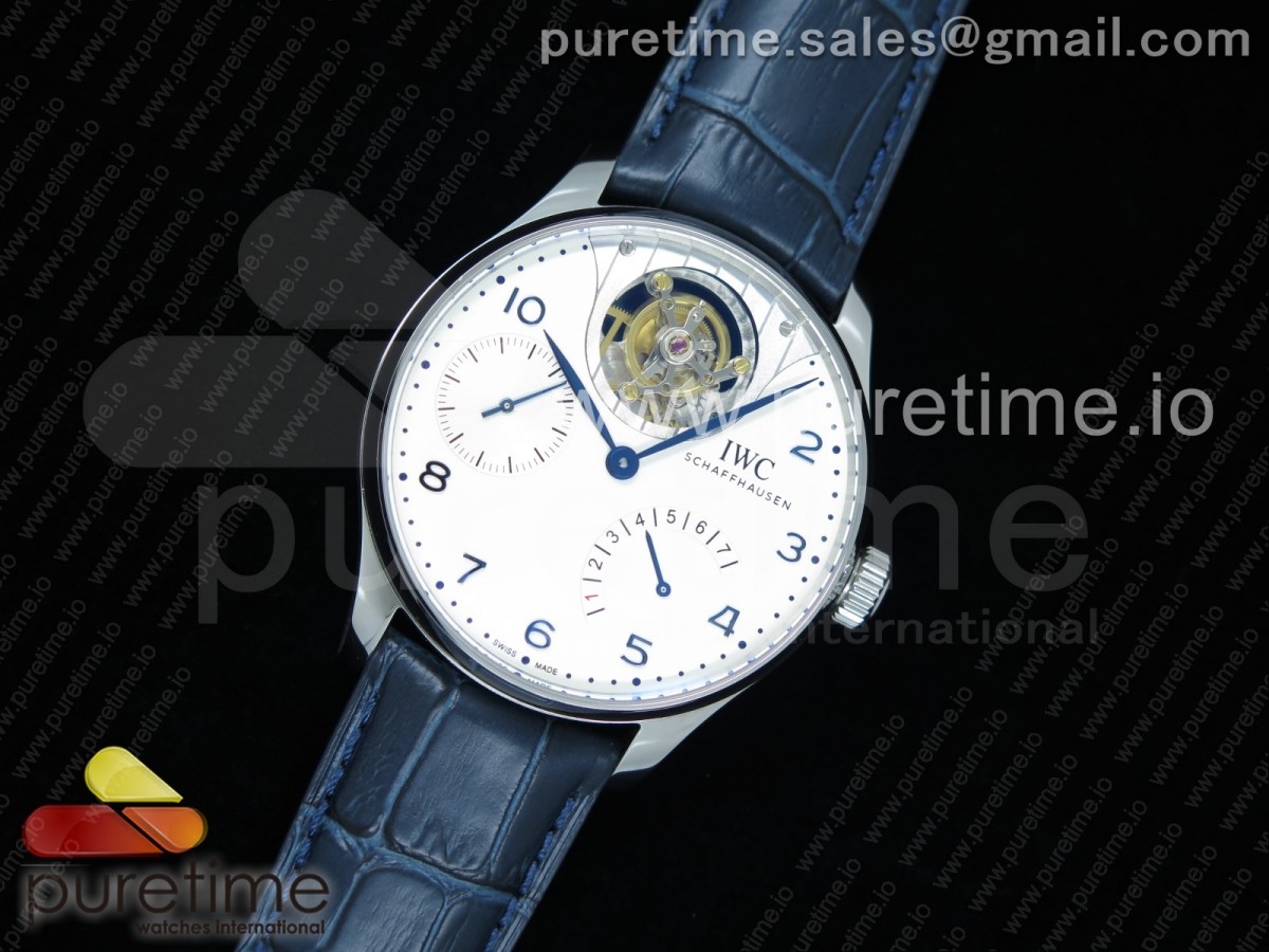 [ZF] IWC Portuguese Tourbillon IW5046 SS White Dial Blue Markers on Blue Leather Strap