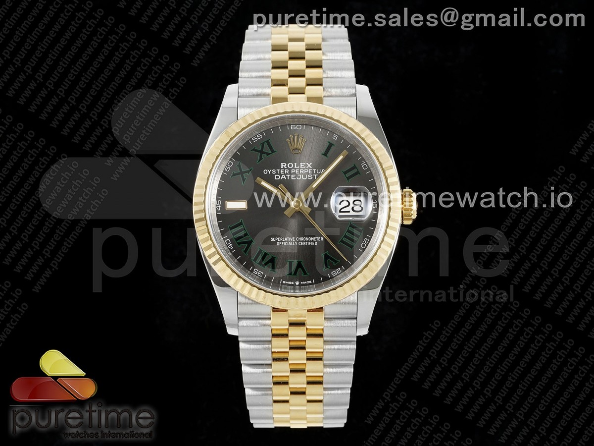 [Clean] Rolex DateJust 36 126233 904L Steel Gray Dial Green Roman Marker on SS/YG Jubilee Bracelet VR3235