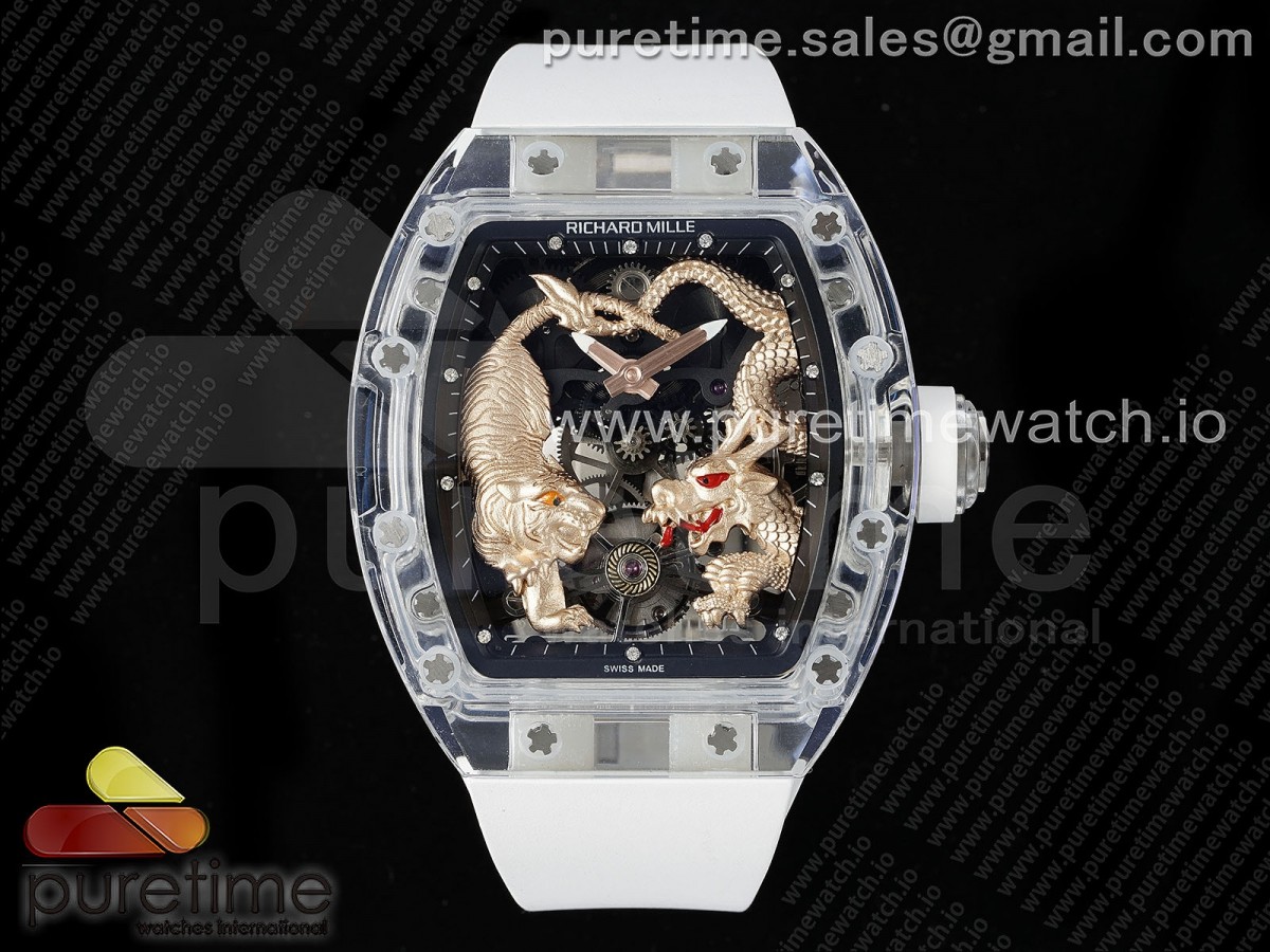 [RMF] Richard Mille RM51 Transparent Tourbillon RG Tiger/Dragon Dial on White Rubber Strap