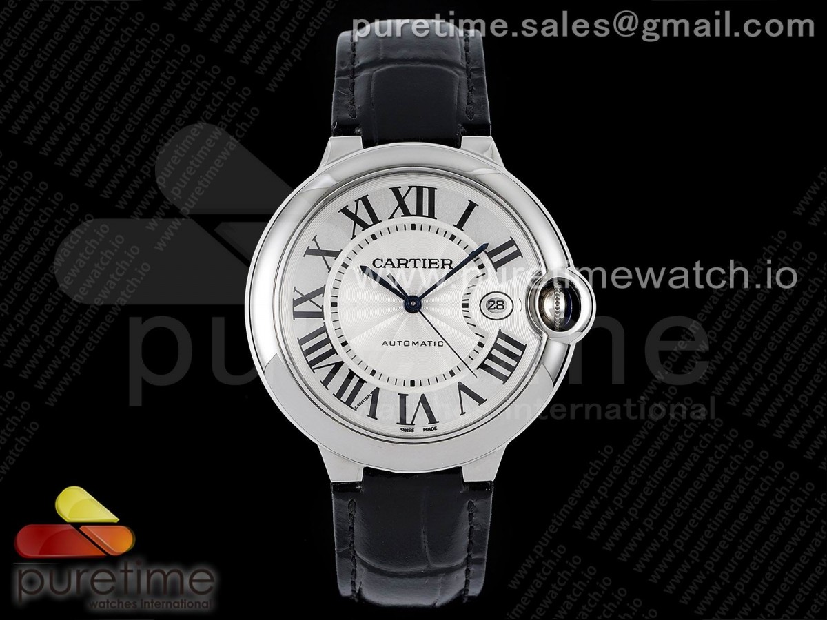 [AF] Cartier Ballon Bleu 42mm SS White Textured Dial on Black Leather Strap A2824