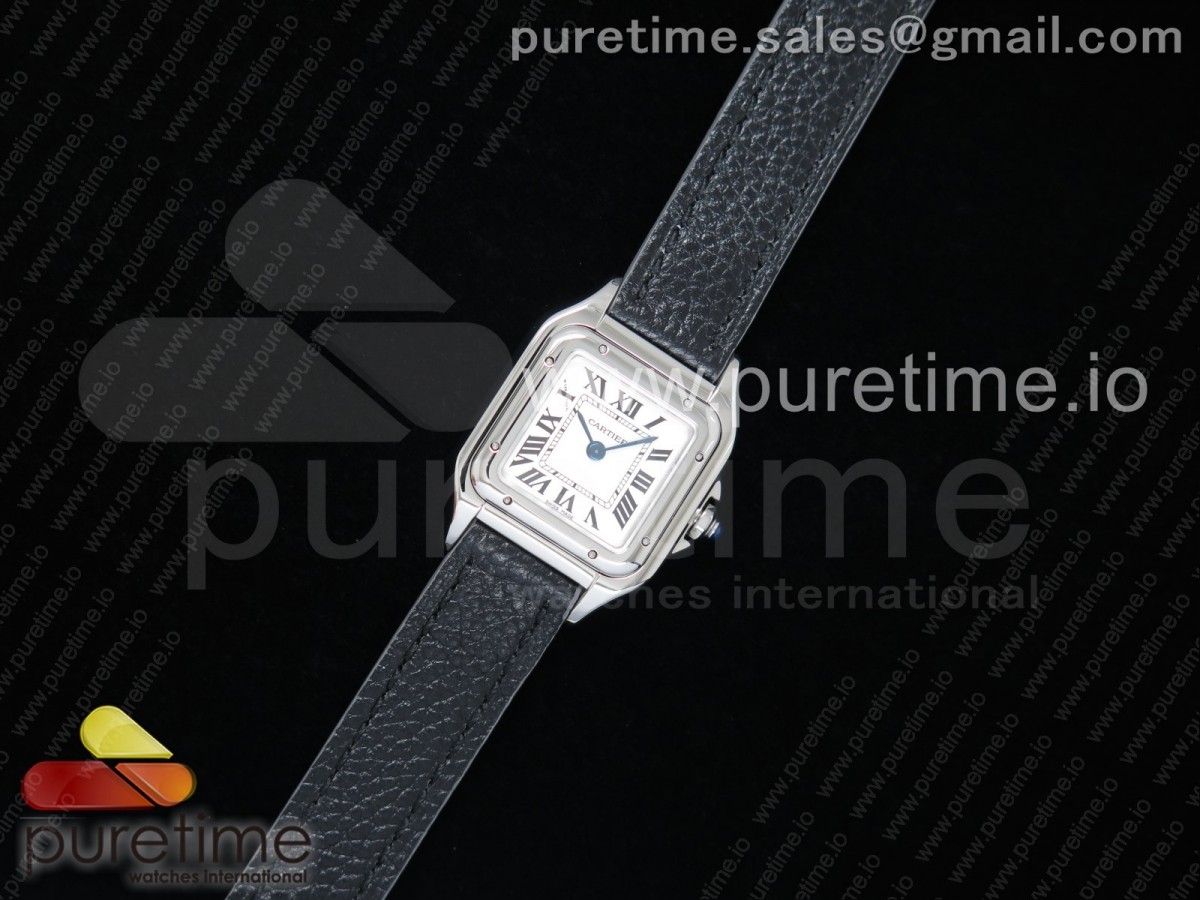 [K11F] Cartier Santos Ladies SS 22mm White Dial on Black Leather Strap Ronda Quartz