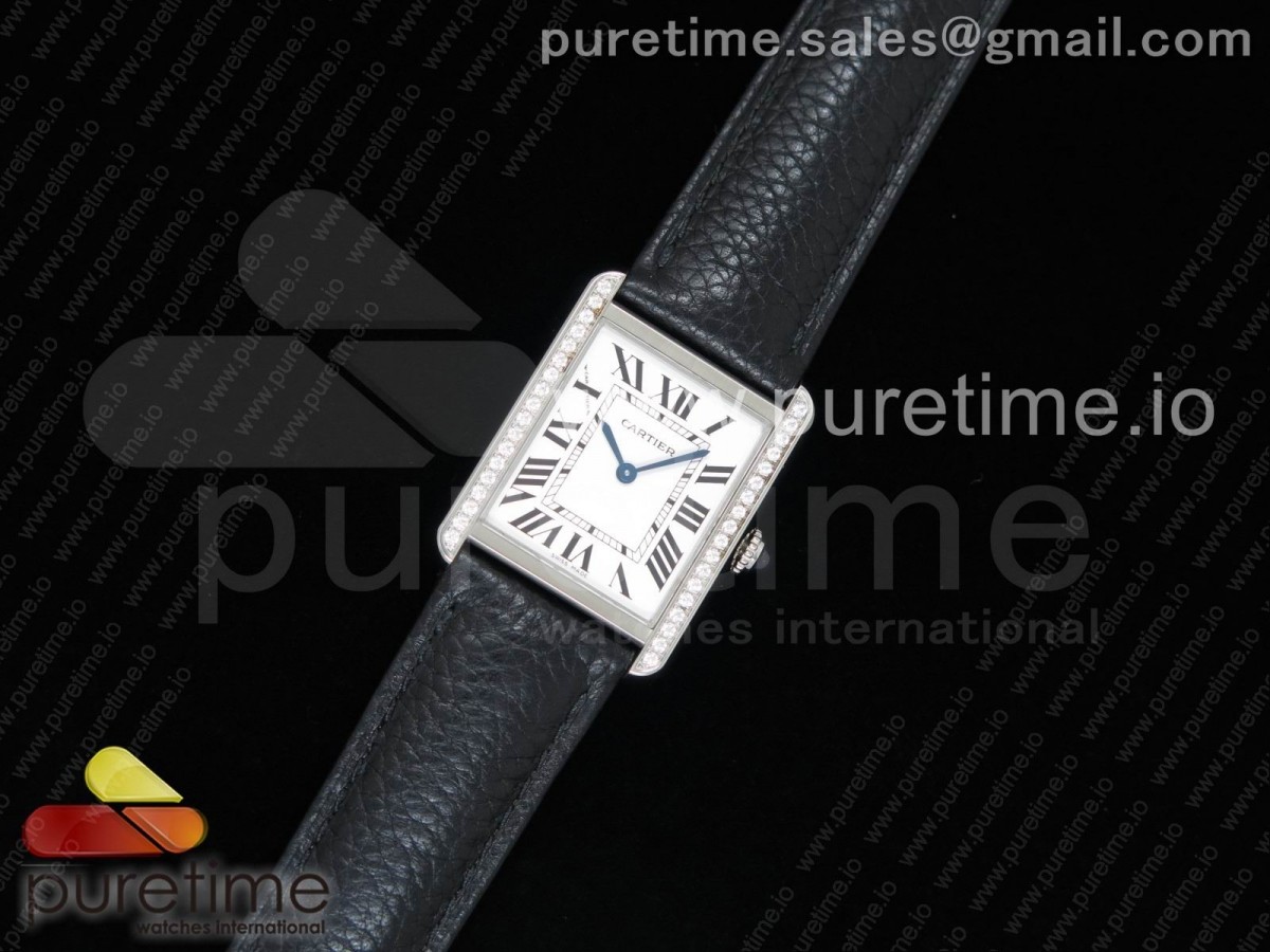 [AF] Cartier Tank Solo Ladies 25mm SS White Dial Diamonds Bezel on Black Leather Strap Ronda Quartz