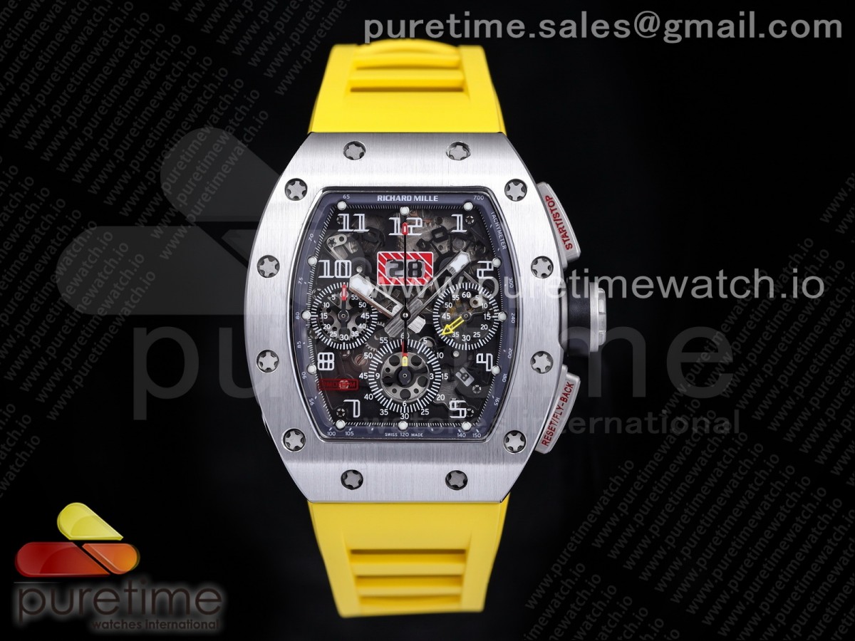 [KVF] Richard Mille RM011 SS Chrono Crystal Dial Black on Yellow Rubber Strap A7750 V3