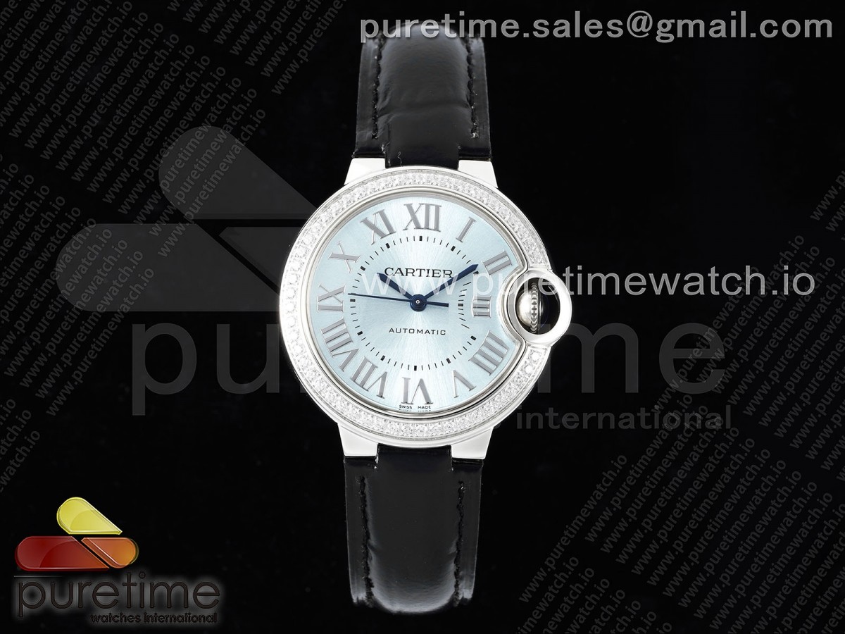 [3KF] Cartier Ballon Bleu 33mm SS Ice Blue Dial Diamonds Bezel on Black Leather Strap A076