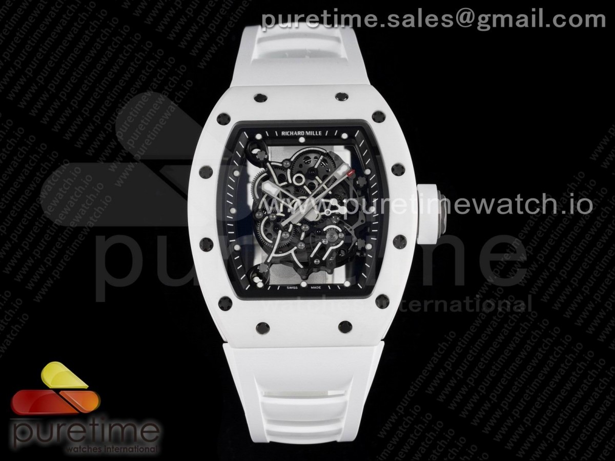 [ZF] Richard Mille RM055 Ti White Ceramic Skeleton Dial on White Rubber Strap NH05A