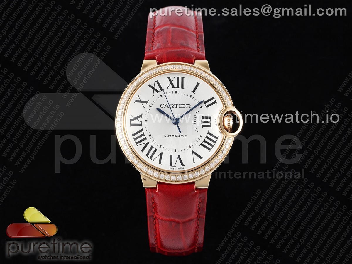 [3KF] Cartier Ballon Bleu 36mm RG White Dial Diamonds Bezel on Red Leather Strap A076