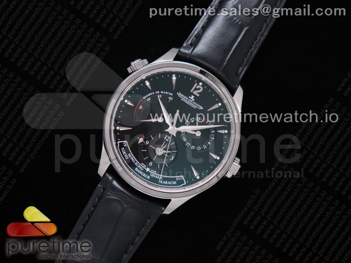 [ZF] Jaeger-LeCoultre Master Geographic Real PR SS Black Dial on Black Leather Strap A939