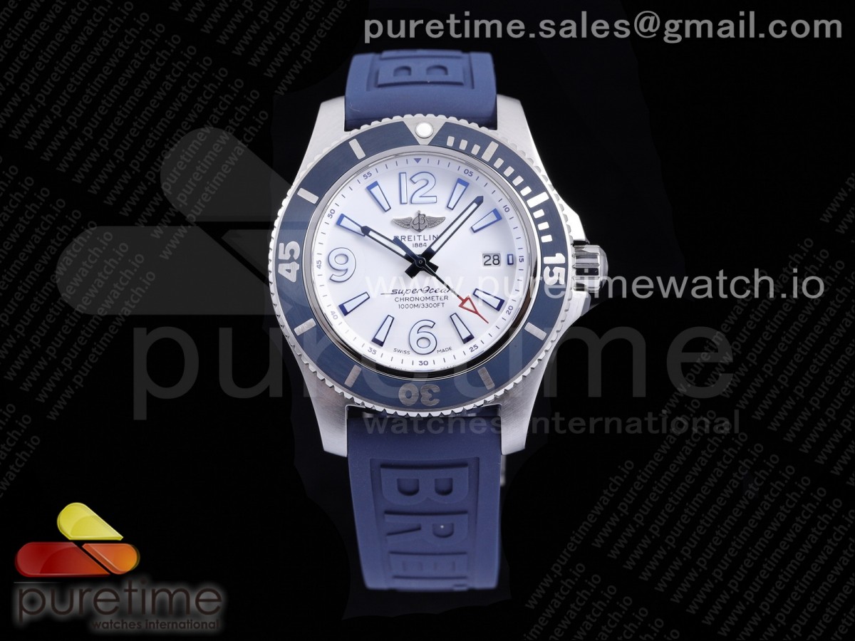 [TF] Breitling Superocean Automatic 44 White Dial Blue Bezel on Blue Rubber Strap A2824