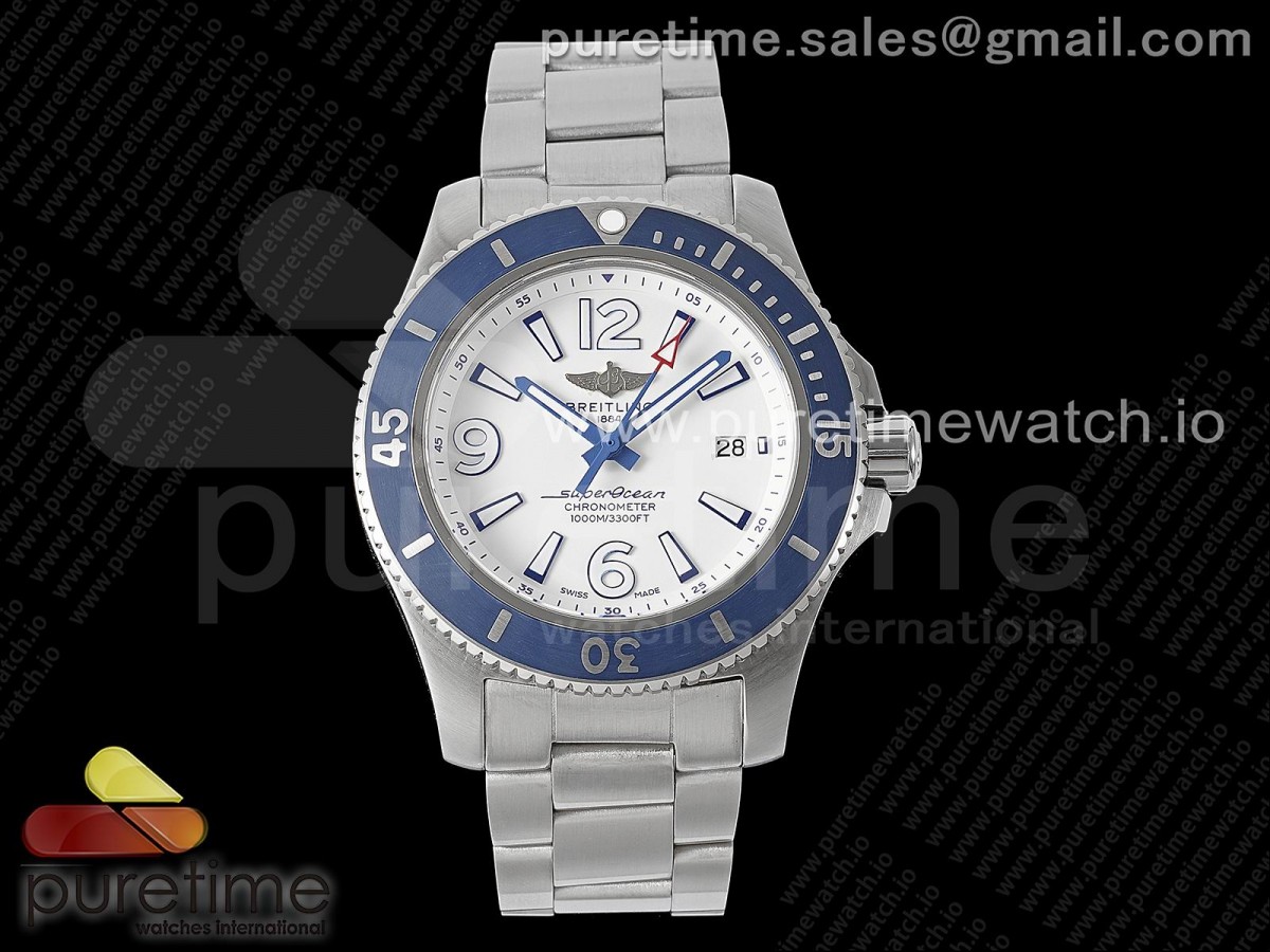 [TF] Breitling Superocean Automatic 44 White Dial Blue Bezel on SS Bracelet A2824