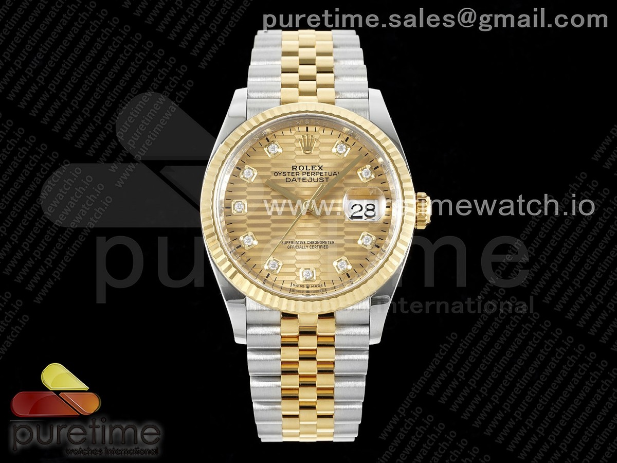 [Clean] Rolex DateJust 36 126233 904L Steel YG Textured Diamonds Dial on SS/YG Jubilee Bracelet VR3235