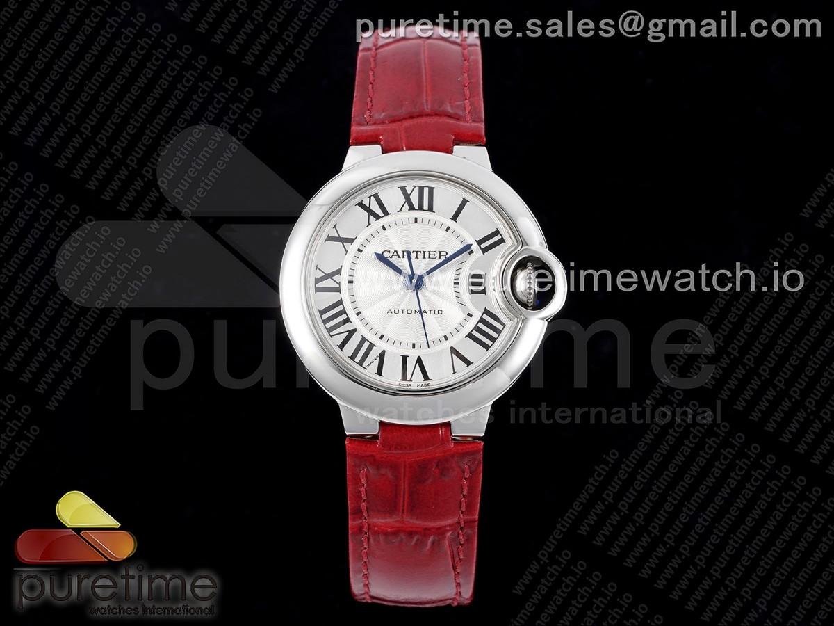 [3KF] Cartier Ballon Bleu 33mm SS White Dial on Red Leather Strap A076