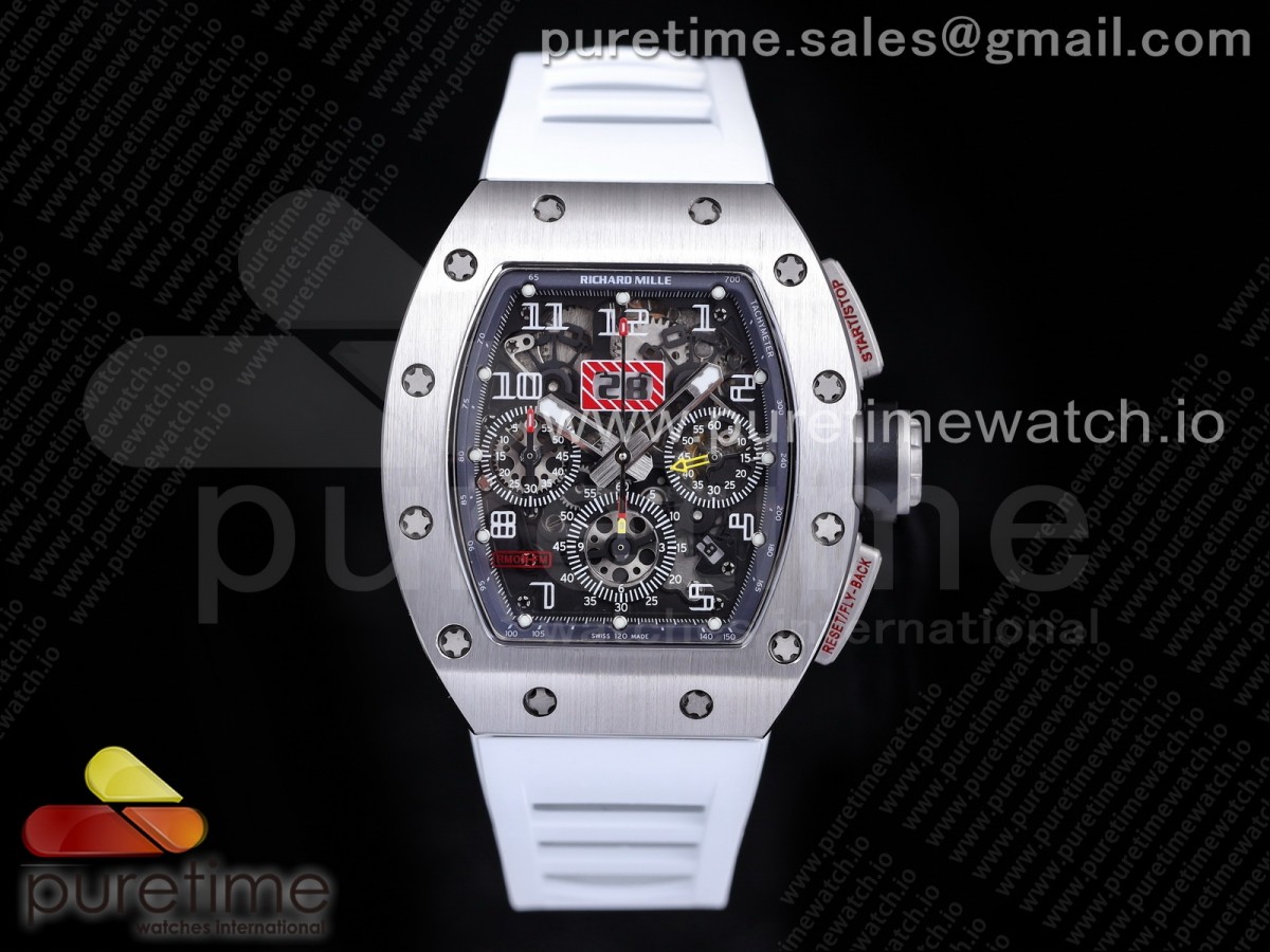 [KVF] Richard Mille RM011 SS Chrono Crystal Dial Black on White Rubber Strap A7750 V3