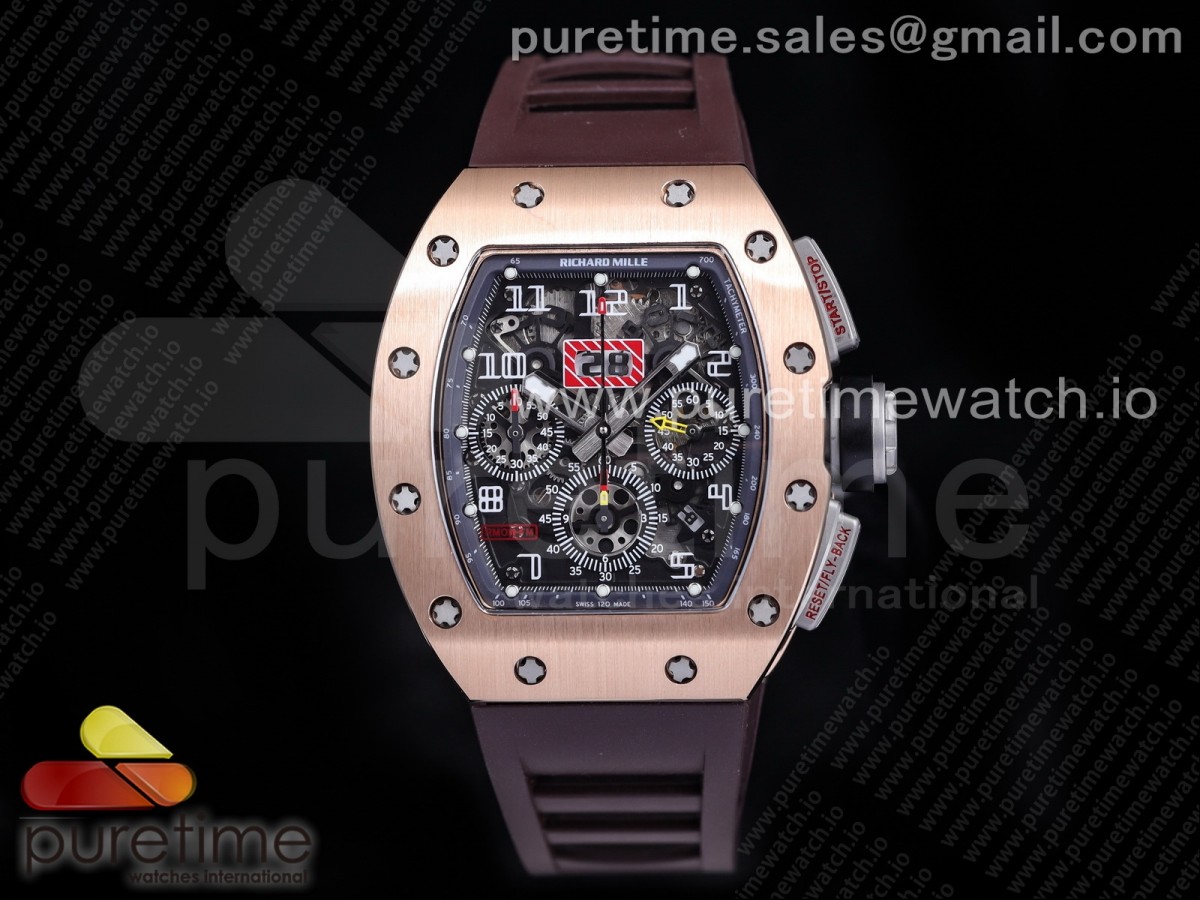 [KVF] Richard Mille RM011 RG Chrono Crystal Dial Black on Brown Rubber Strap A7750 V3