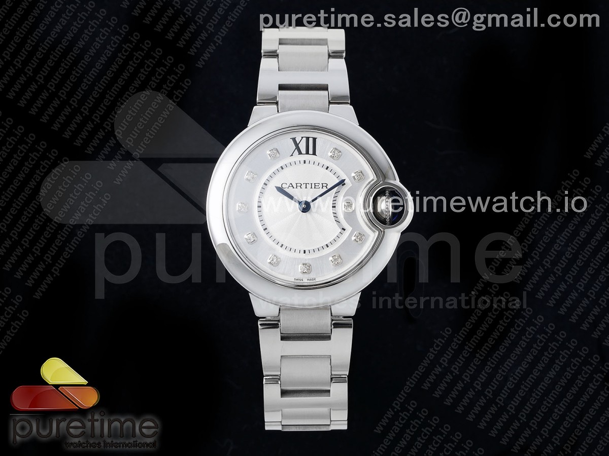 [CHF] Cartier Ballon Bleu 33mm SS White Diamonds Dial on SS Bracelet Jap Quartz