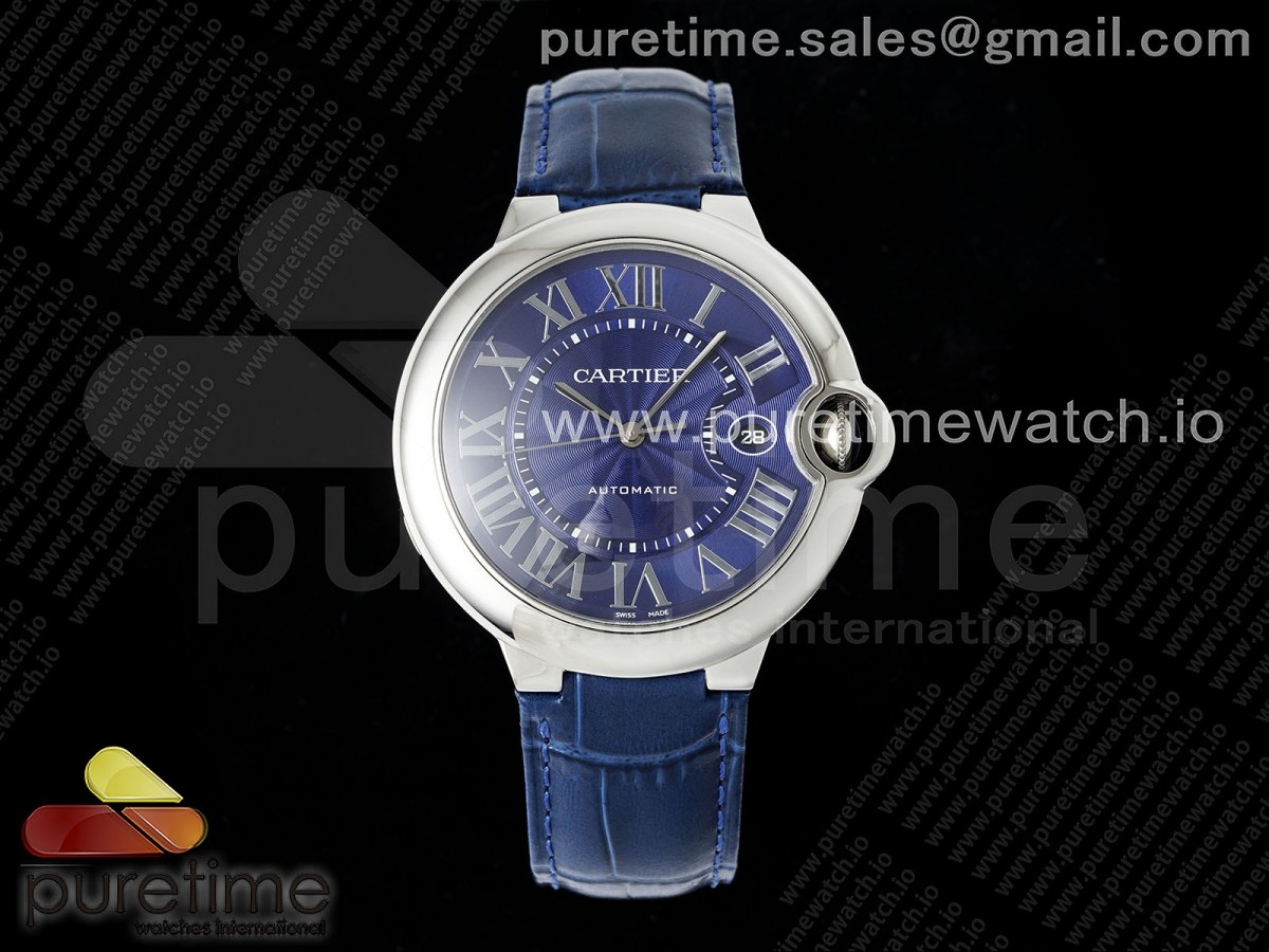 [AF] Cartier Ballon Bleu 42mm SS Blue Texture Dial on Blue Leather Strap A2824 V5