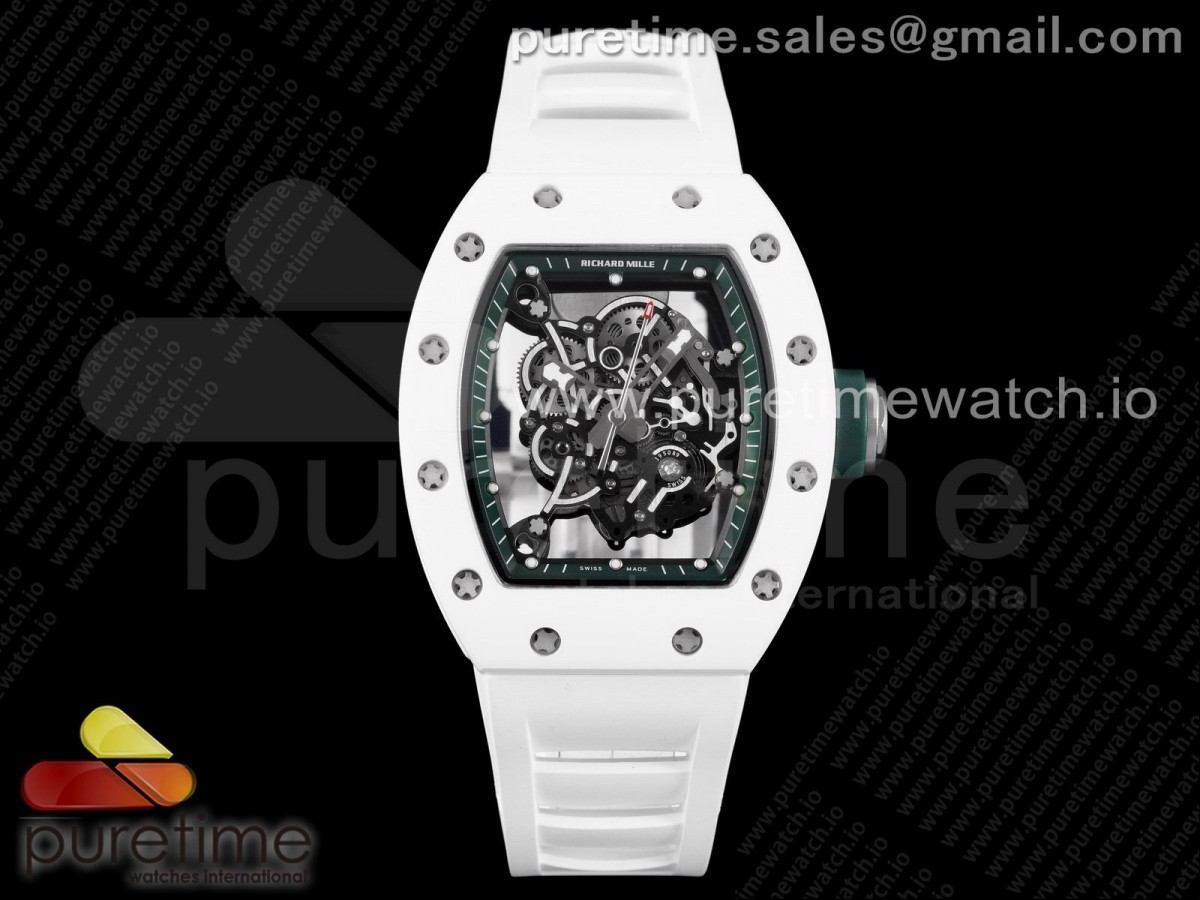 [KVF] Richard Mille RM055 White Ceramic Skeleton Dial Green on White Rubber Strap MIYOTA8215 V3