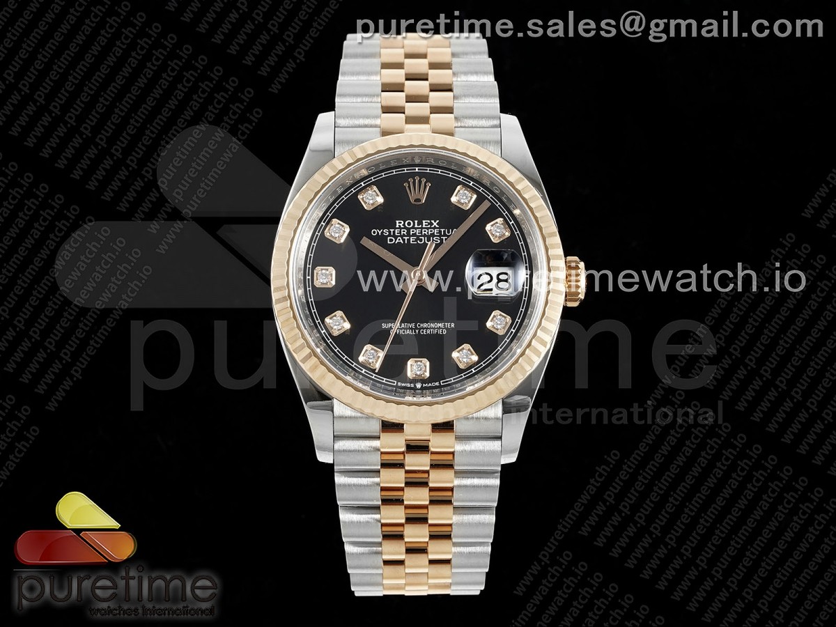 [Clean] Rolex DateJust 36 126231 904L Steel Black Diamonds Dial on SS/RG Jubilee Bracelet VR3235