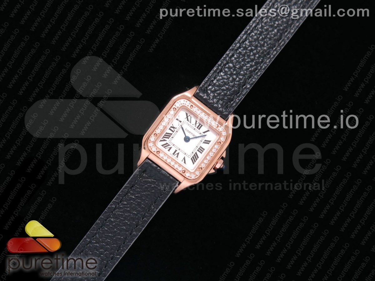 [K11F] Cartier Santos Ladies RG 22mm White Dial Diamonds Bezel on Black Leather Strap Ronda Quartz