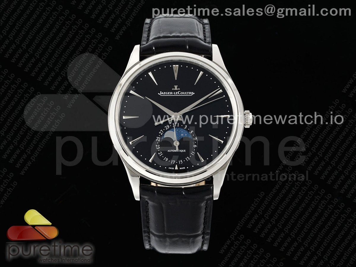 [APSF] Jaeger-LeCoultre Master Ultra Thin Moon SS Black Dial on Black Leather Strap SA925 Super Clone