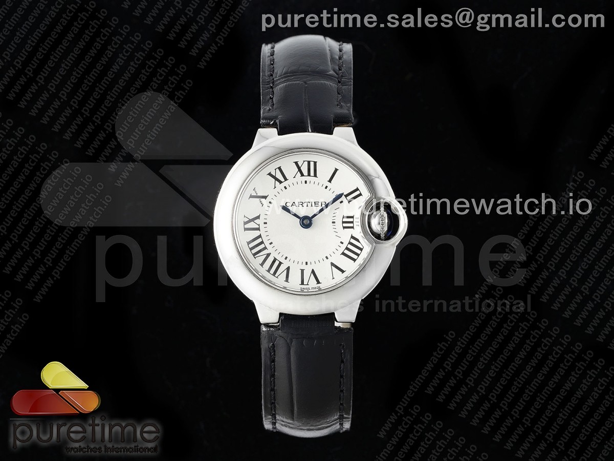 [AF] Cartier Ballon Bleu Ladies 28mm SS White Dial Bezel on Black Leather Strap Ronda Quartz