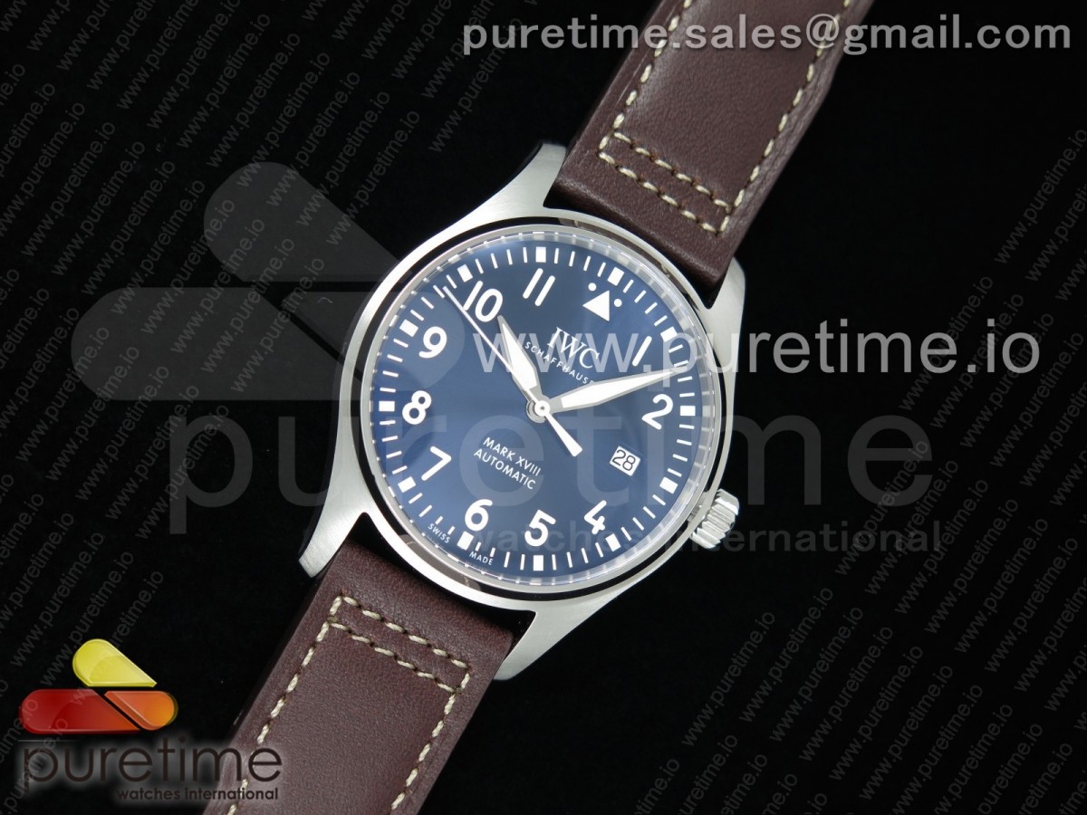 [M+F] IWC Mark XVIII IW327010 SS Blue Dial on Brown Leather Strap A35111 (Free Nylon Strap)