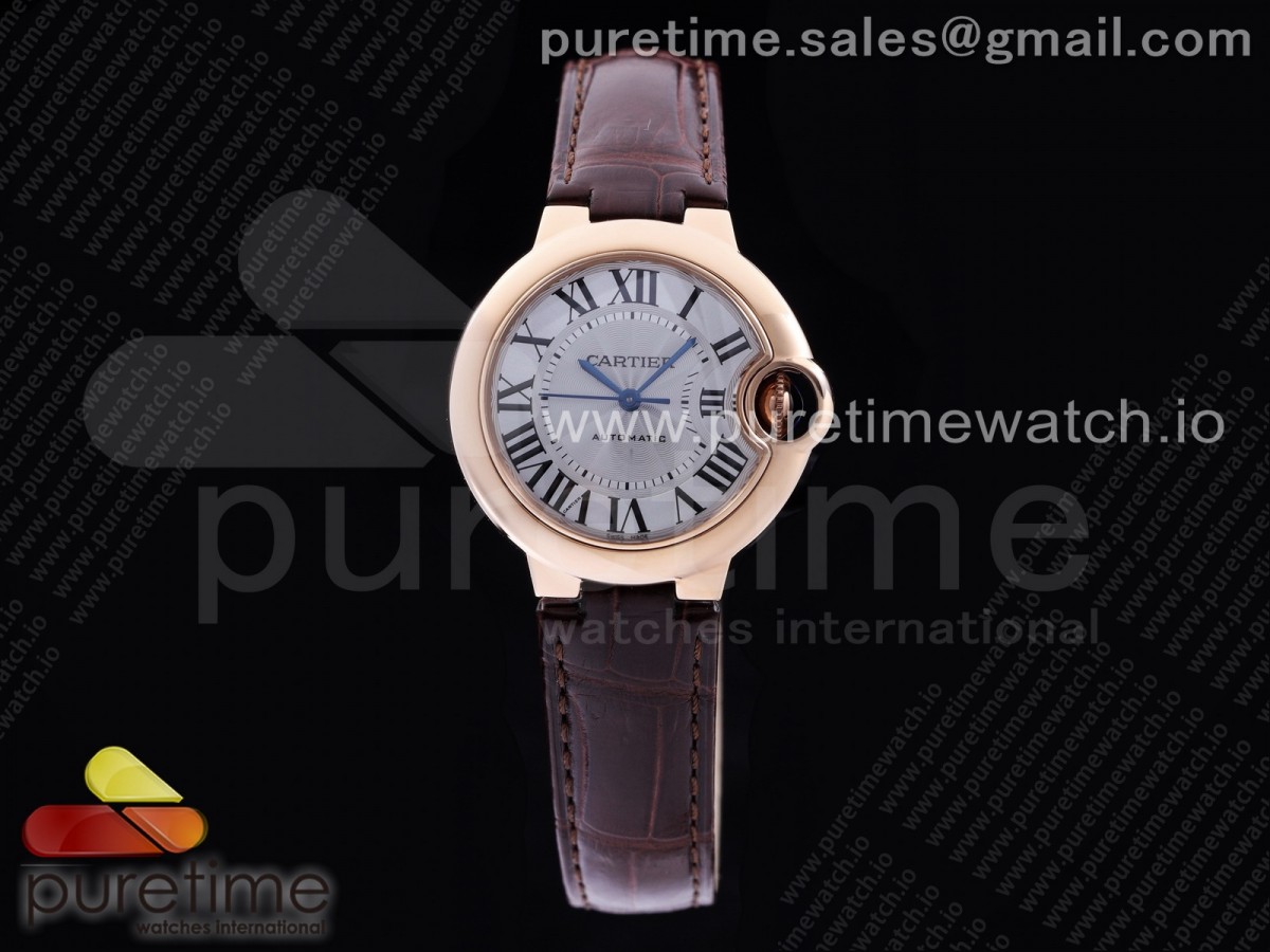 [AF] Cartier Ballon Bleu 33mm RG WhiteTextured Dial on Brown Leather Strap Cal.076