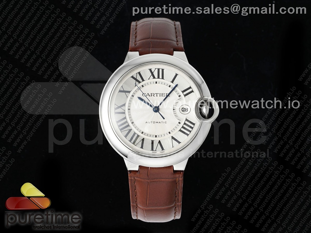 [AF] Cartier Ballon Bleu 42mm SS White Texture Dial on Brown Leather Strap A2824 V5