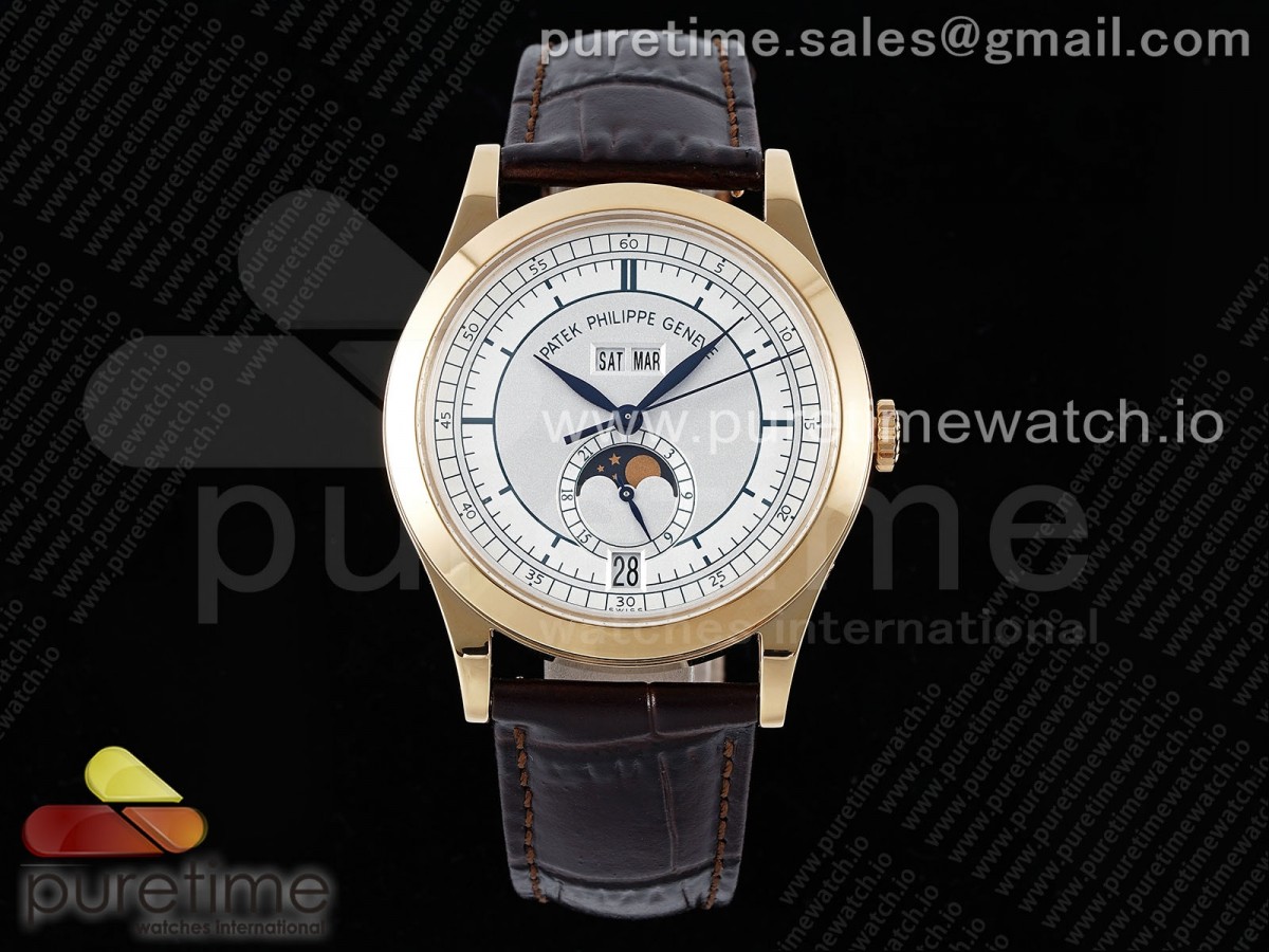 [ZF] Patek Philippe Annual Calendar Moonphase 5396 RG White/Blue Dial on Brown Leather Strap A324