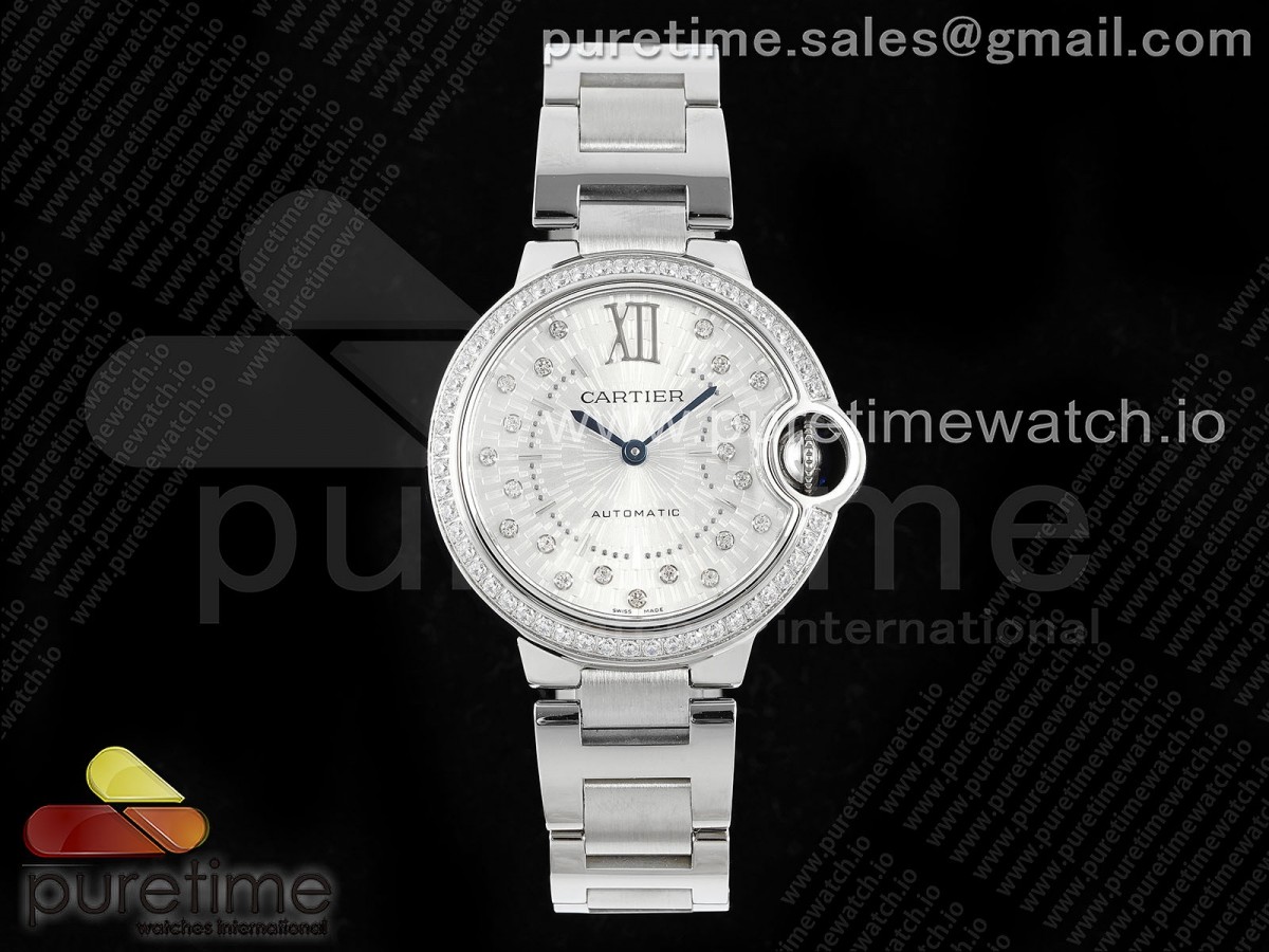 [AF] Cartier Ballon Bleu 33mm Silver Textured Dial Diamonds Bezel on SS Bracelet Ronda Quartz