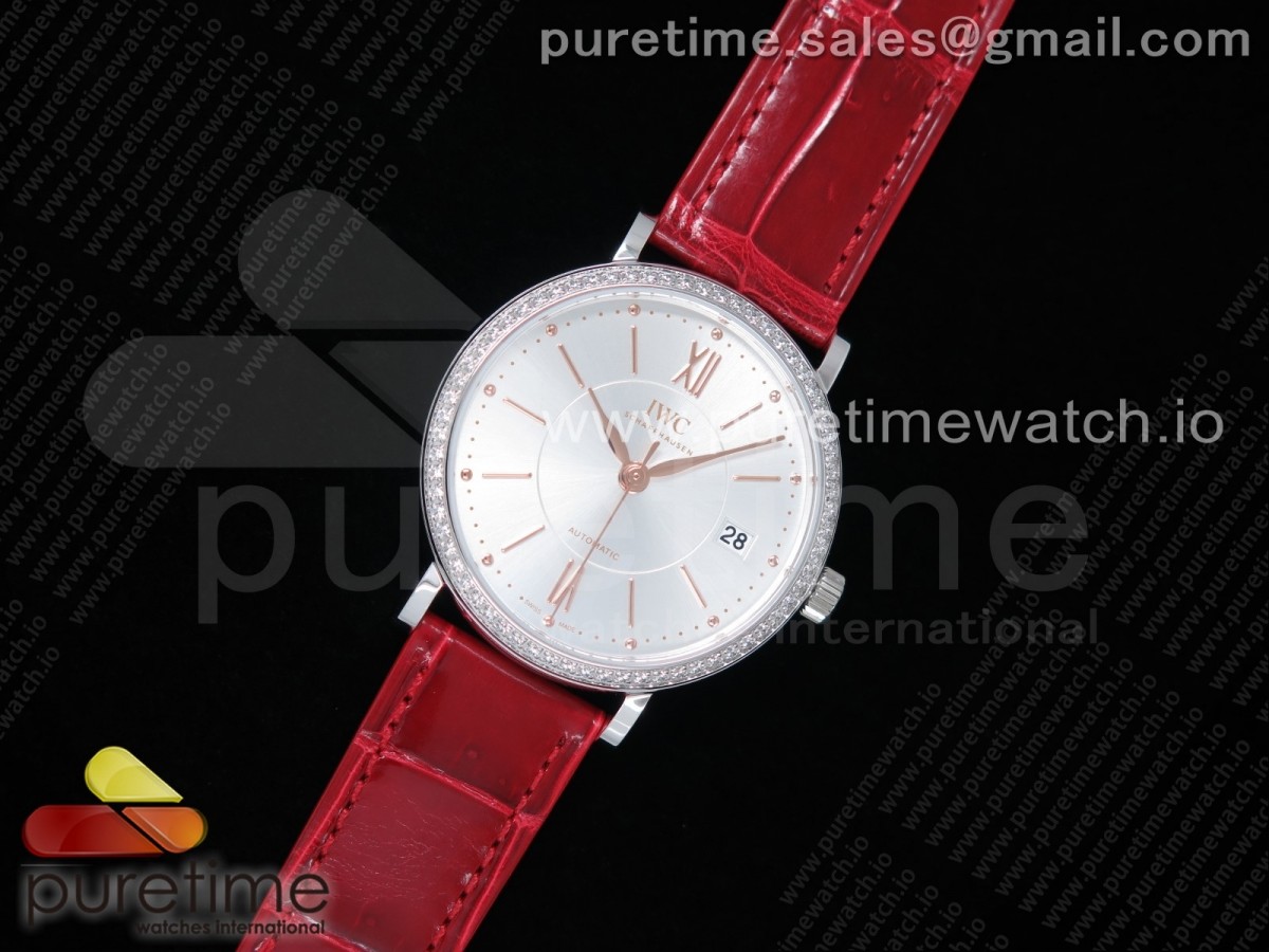 [M+F] IWC Portofino Automatic 37 SS Silver Dial RG Markers on Red Crocodile Strap A35111