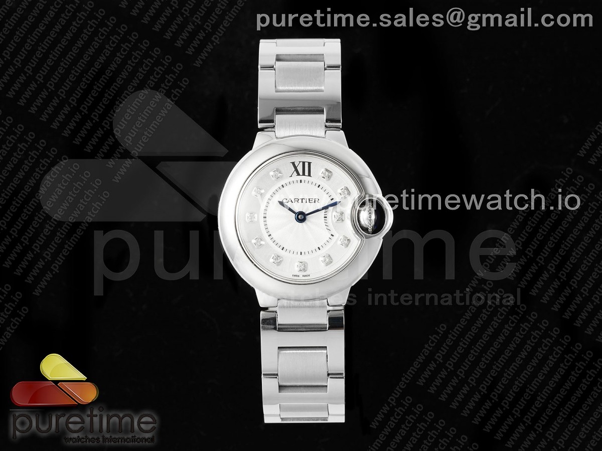 [AF] Cartier Ballon Bleu Ladies 28mm SS White Diamonds Dial Bezel on SS Bracelet Ronda Quartz